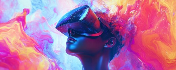Digital avatar in virtual reality headset surrounded by vibrant abstract shapes, VR, AI, Futuristic Design