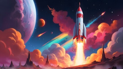 Obraz premium rocket launch go fly up Cartoon landscape , galaxy adventure background .