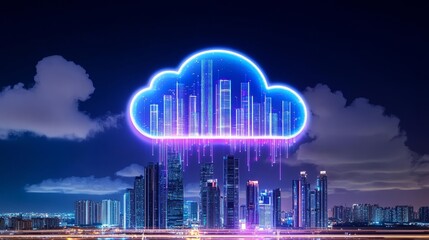 Digital cloud computing concept over cityscape with bright lights, Cloud Computing, Cityscape, Data Technology