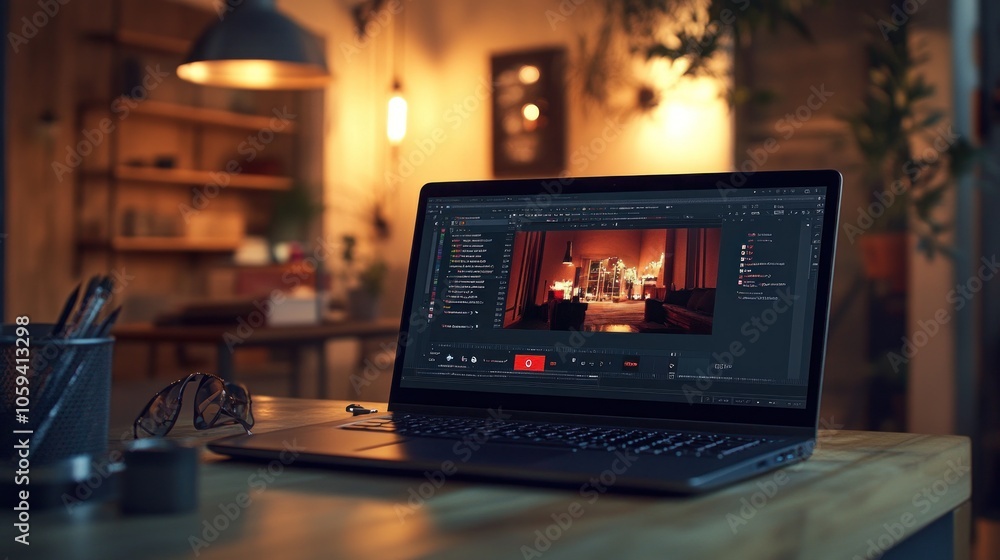 Aufkleber a laptop computer on a wooden desk displaying a video editing program, with a blurred background of 