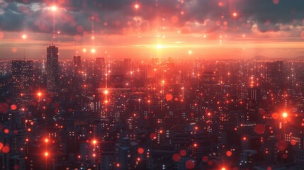 Fototapeta premium A stunning cityscape at sunset, filled with glowing lights and vibrant colors, perfect for use in marketing materials, travel blogs, or artistic projects, Captures the essence of urban beauty,