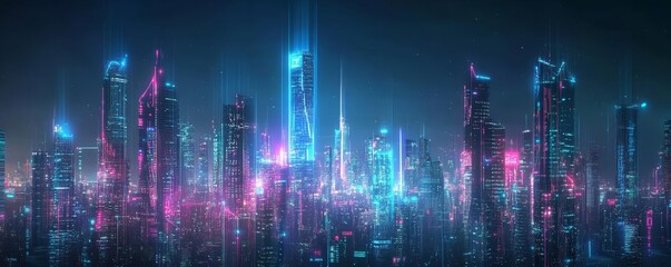 Fototapeta premium Smart city skyline with glowing digital data connection, futuristic and tech-inspired, Smart City, Digital Network, Futuristic Skyline