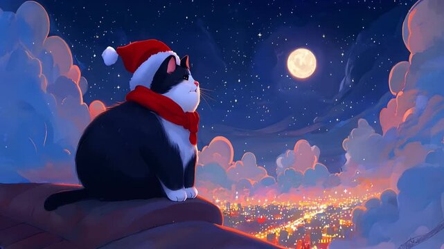 a cat is wearing santa red hat and sitting on the top of the roof under the moon cartoon video