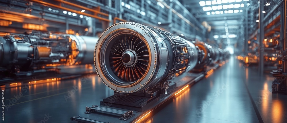 Poster a row of shiny jet engines in a factory setting.