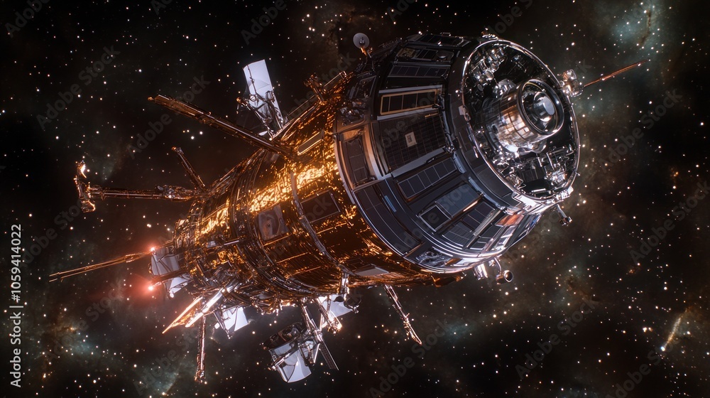 Poster a futuristic spacecraft with a golden hull floats through a vast expanse of space, illuminated by th