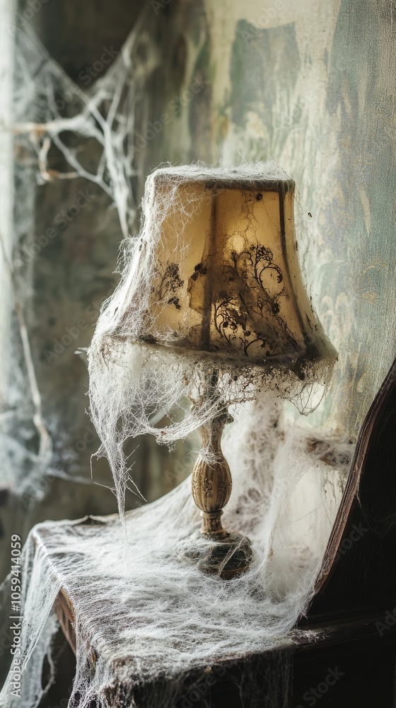 Poster lampshade is covered in spider webs and sits on a table