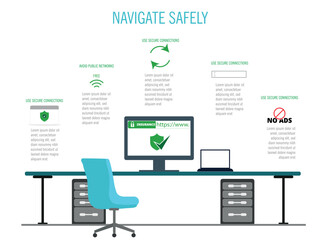 Infographic on safe internet browsing.Informative infographic on safe browsing practices, emphasizing secure connections and avoiding public networks to protect data.