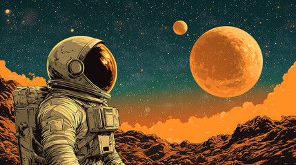 astronaut in a spacesuit stands on a rocky orangehued planet gazing up at a large orange planet and a smaller one in the starry sky