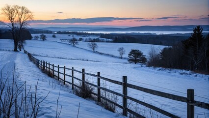 Naklejka premium Serene Snowy Meadow at Dusk with Silhouette Fence for Winter Landscape Photography