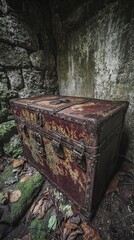 Rusty old trunk is sitting on the ground in front of a wall
