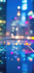 Blurry neon lights reflecting on skyscrapers in a vibrant modern city at night