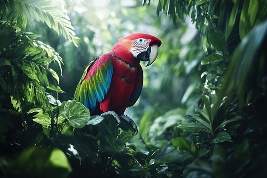 Vibrant red parrot in lush greenery - Powered by Adobe