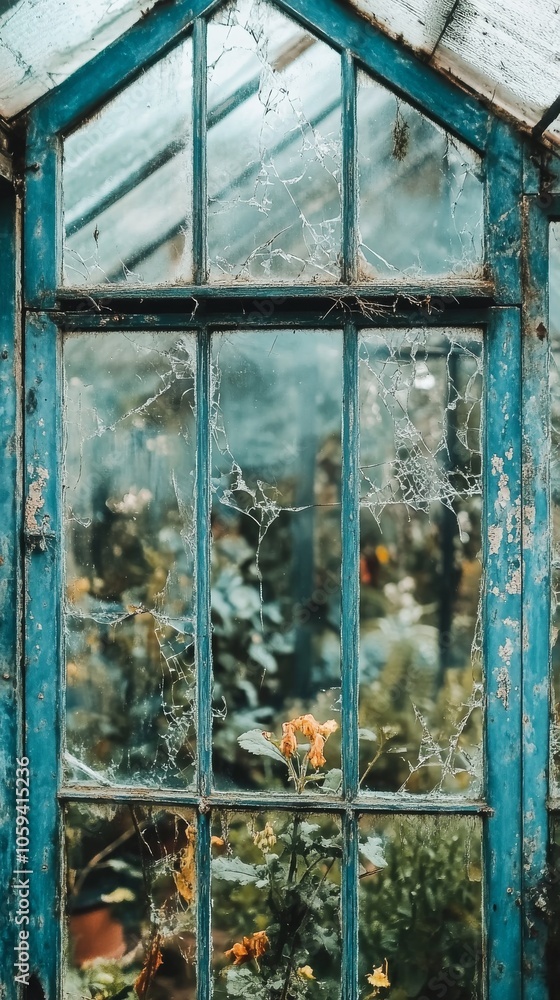 Poster window with spider webs on it and a flower in the foreground