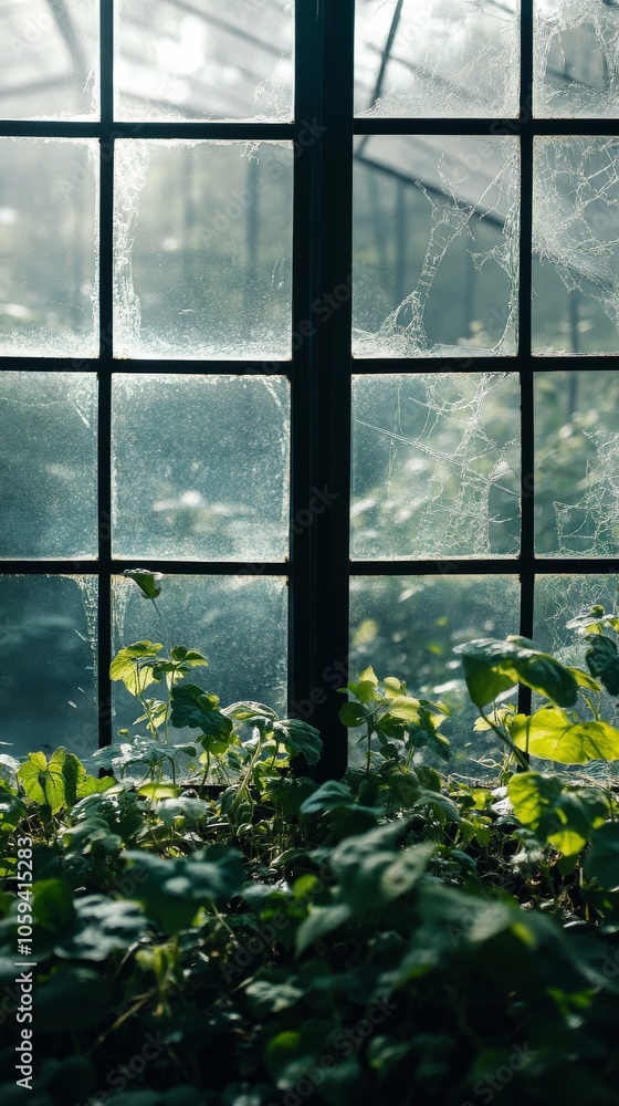 Poster window with spider webs on it and a plant in front of it