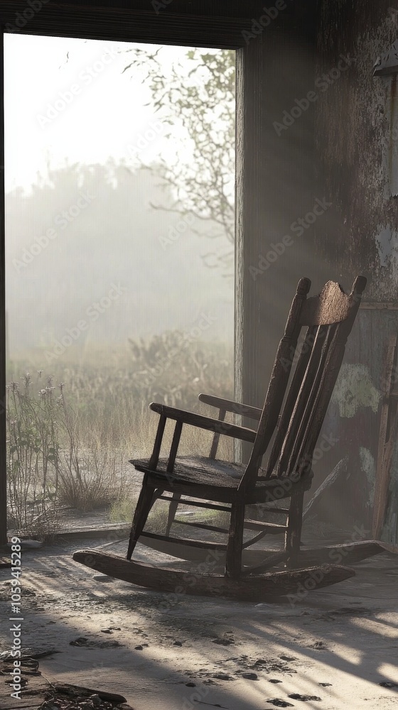 Aufkleber rocking chair is sitting in front of a window in a room with a view of a field