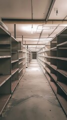 Long, empty aisle of a store with shelves