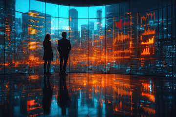 Diverse professionals analyzing futuristic digital cityscape data