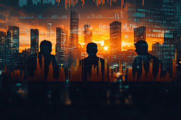 Silhouettes of business people with cityscape and data overlay