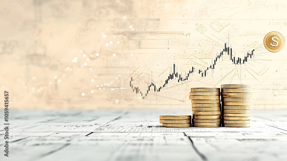 Poster visualizing financial prosperity with currency charts and statements