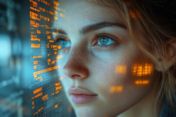 Close-up of woman with digital data overlay on her face
