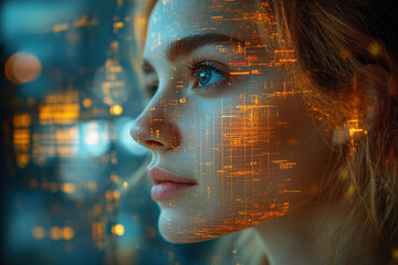 Double exposure of woman with digital data overlay concept