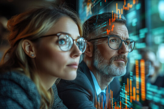 Focused business professionals analyzing financial data on screen display