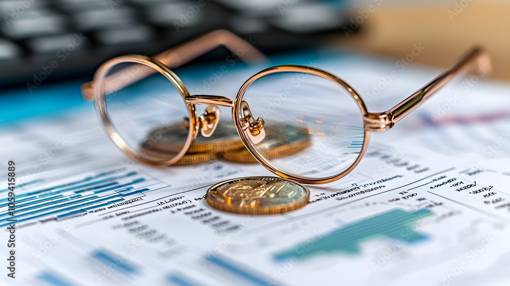 Poster visualizing financial prosperity with currency charts and statements