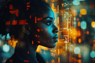 African American woman with technology interface overlay