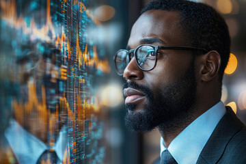 Focused African American businessman analyzing digital stock data
