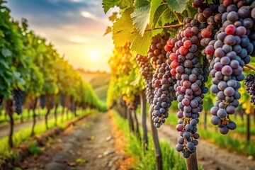 Naklejka premium Aerial view of vineyard with ripe grape bunches hanging from trees