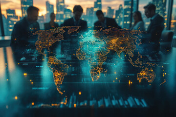 Global business meeting with double exposure world map