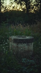 Fototapeta premium Cement well is surrounded by grass and weeds