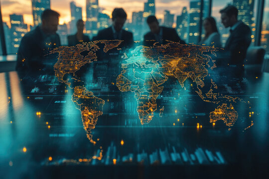Global business meeting with double exposure world map