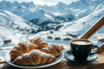 Freshly baked croissants and a cup of coffee on a table overlooking the mountains and ski resort