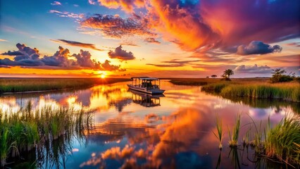 Silhouette of a Fan Boat Departing for an Everglades Adventure at Sunset in Florida