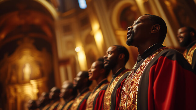 Ch&oacute;r ubrany w tradycyjne tuniki, tworzy dynamiczną kompozycję w przestrzeni kościoła. 