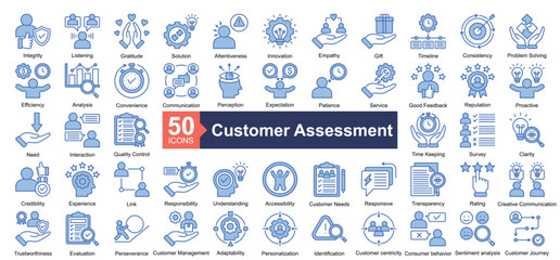 Customer Assessment icon collection set. Containing Integrity, Listening, Gratitude, Solution, Attentiveness, Innovation, Empathy, Gift, Timeline icon. Simple colored outline blue illustration.
