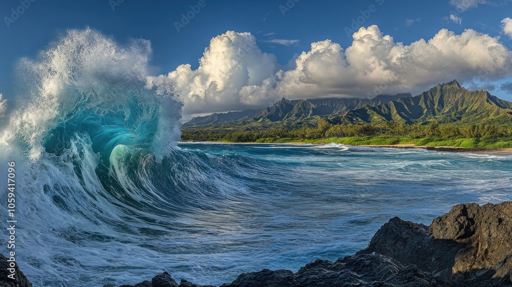 Poster a powerful wave crashes against the shore, creating a turquoise spray and a dramatic scene with moun
