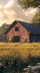Obraz premium Red barn with a large window sits in a field of tall grass
