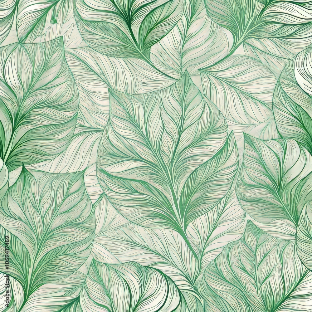 Poster seamless green leaf pattern with intricate line art and elegant botanical design