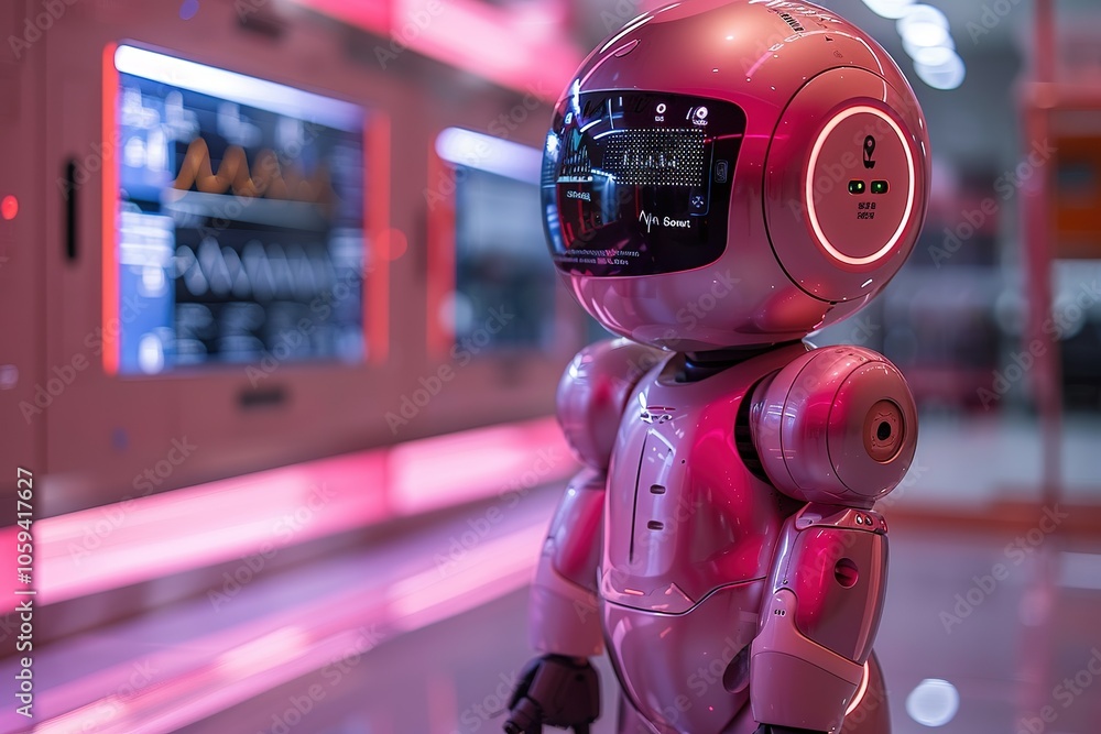 Poster a robot is standing in front of a monitor with a red background