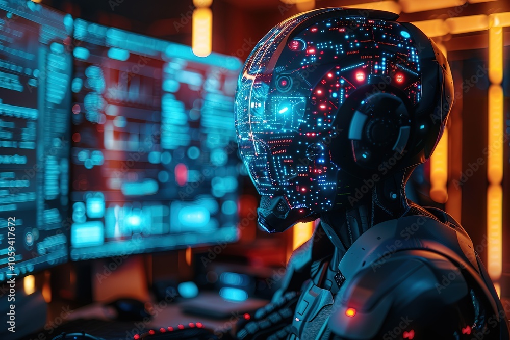Poster a robot with a head that is made of computer chips and glowing lights