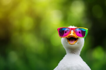a white duck wearing colorful sunglasses, beak open with a wide smile-like expression, standing in a sunny park, vibrant colors and fine feather details, cheerful and goofy