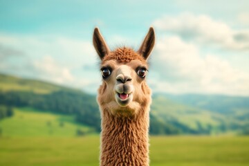 Obraz premium a llama with wide, surprised eyes and a slightly open mouth, as if it just heard shocking news, standing in a grassy field, fluffy fur details, clear background of green hills, funny and meme-worthy
