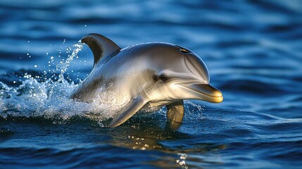Naklejka premium Dolphin swimming close to the water's surface, with gentle sunlight illuminating its sleek body.