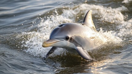 Dolphin swimming close to the water's surface, with gentle sunlight illuminating its sleek body.