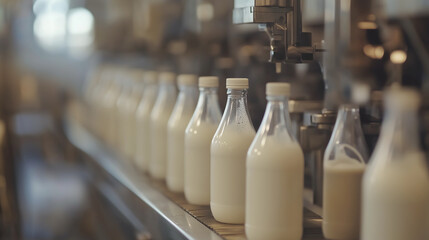Fototapeta premium W fabryce produktów mleczarskich widoczna jest linia napełniania butelek mleka.