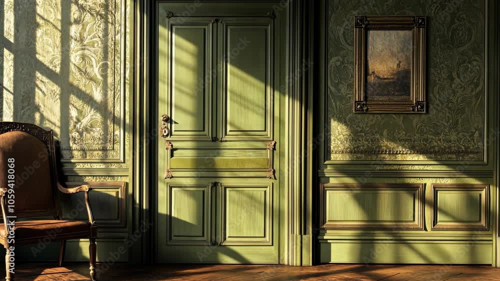 Poster sunlight streams through a window and casts shadows across the ornate wood paneling in this elegant 