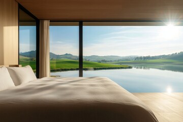 a bedroom with floor-to-ceiling windows offering a panoramic view of a lake on a sunny day, modern minimalist decor with soft, neutral bedding, sunlight flooding the room