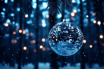 a silver disco ball hanging from a tree branch in a snowy forest, snowflakes resting on its surface, cold blue and white hues, soft winter light with glittering reflections